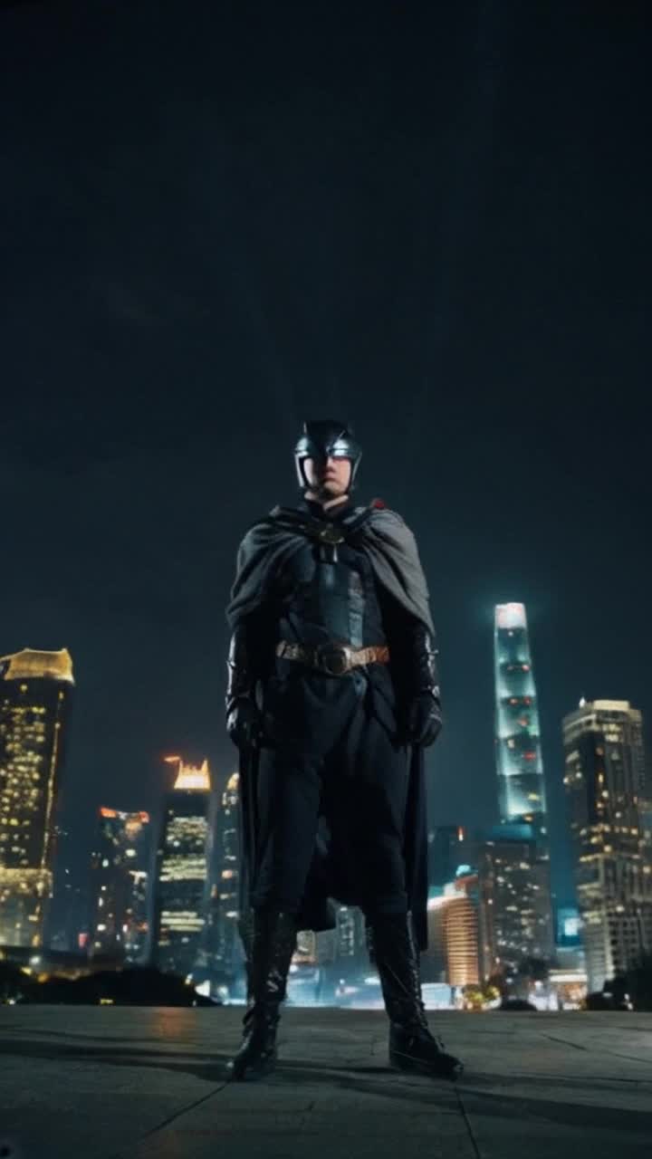 High vibrational warrior stands steadfast amidst swirling mists of ethereal energy radiating electric intensity sending chaos into retreat Tall towering silhouettes of skyscrapers loom in the background glowing under moonlight as flashes of energy cut through dark night skies creating a dramatic contrast between light and shadow