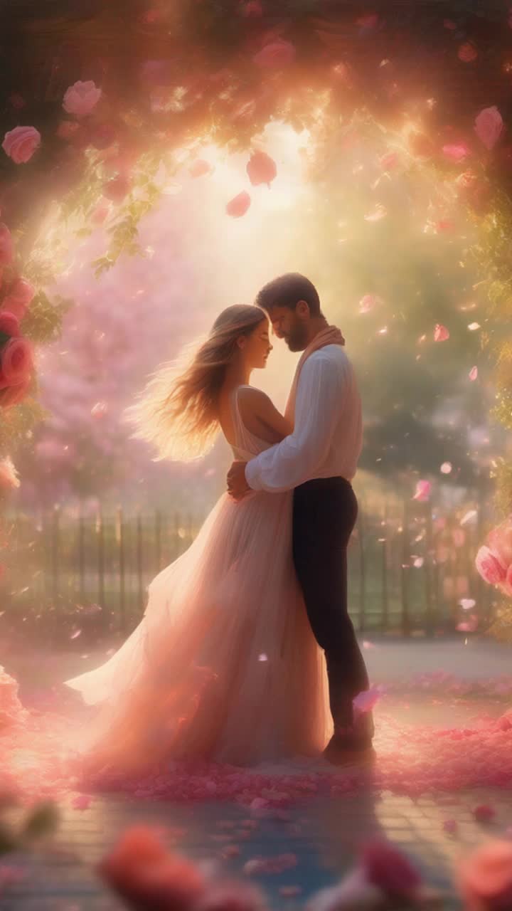 Two ethereal figures entwined in an intimate dance radiating warmth and connection lost in each others gaze swirling gracefully in an embrace celebrating pure bliss surrounded by a vibrant garden bursting with blossoms petals swirling softly in a gentle breeze hues of blooming roses painting the scene with passion illuminating their affection creating an enchanting atmosphere filled with romance and joy sunbeams filtering through lush emerald leaves casting playful shadows on the ground adding to the magic of the moment