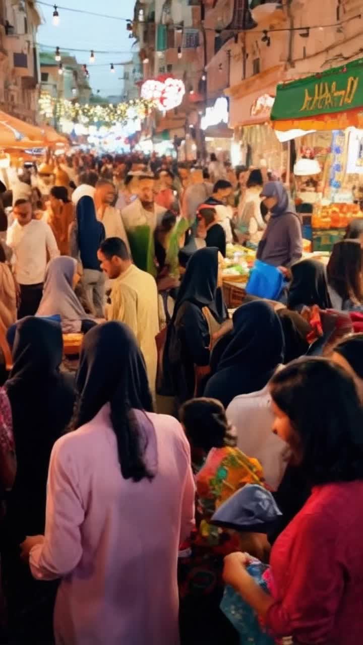 CROWD SCENE Vibrant crowd bustling with excitement colorful shoppers full dressed wearing abayas women men  carrying shopping bags animated conversations fashionably dressed individuals smiling lively exchange of gestures marketplace filled with lively stalls adorned with bright displays fruits vegetables shopping fashion accessories bright sunlight shopping the scene warm inviting atmosphere sounds of laughter chatter blending with soft music wafting through the air festive decorations adding charm highlighting dynamic energy of a joyful shopping experience