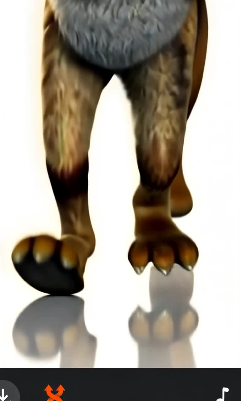 Low angle, close up view of an anthropomorphic dog character walking directly towards the camera, his body getting increasingly closer to the camera each second