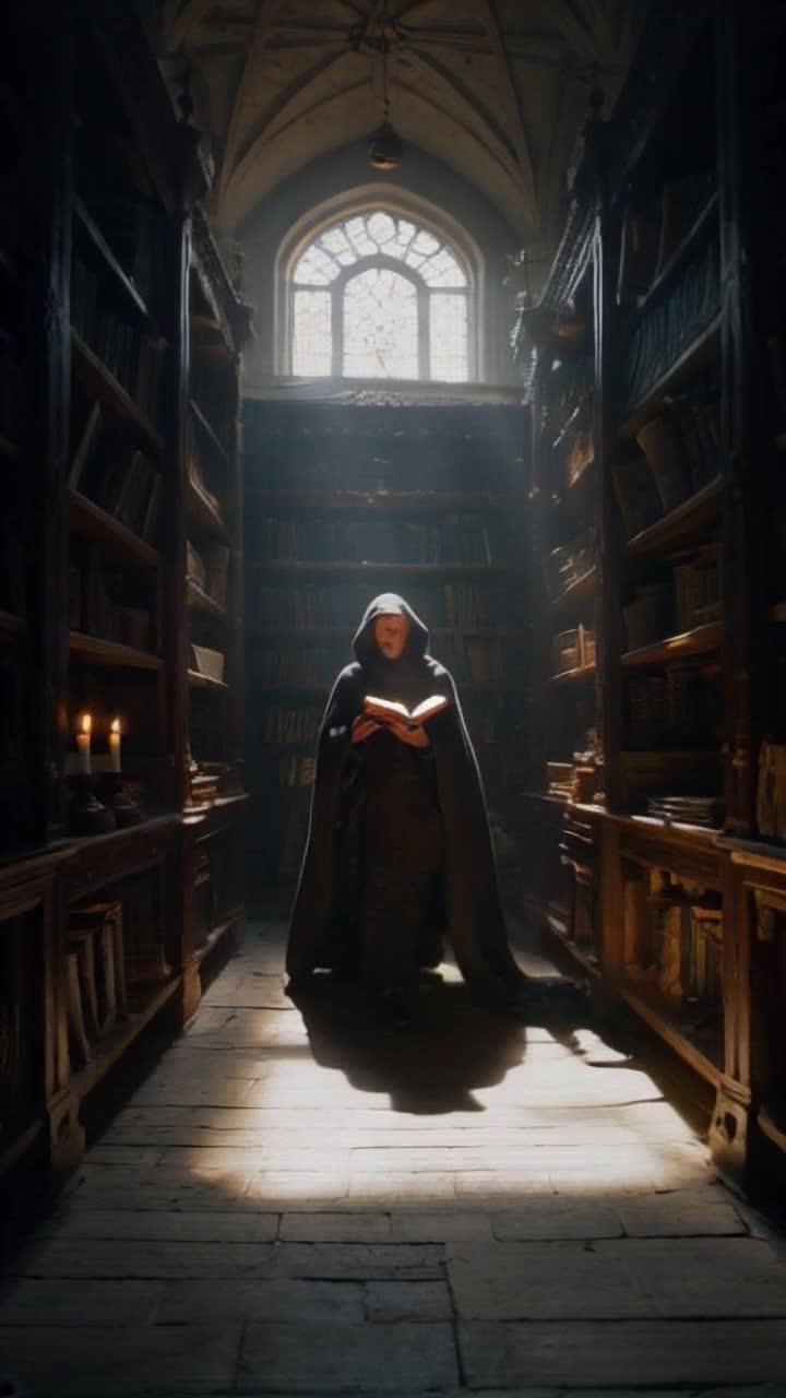 Mysterious cloaked figure gripping an ancient leather-bound book racing through dimly lit library stacked with dusty forgotten relics shadows dancing in flickering candlelight urgency palpable as secrets beckon through crumbling pages high vaulted ceilings whisper secrets of the past air thick with anticipation as dust motes swirl in the golden light