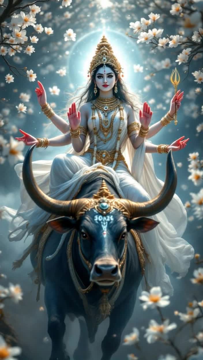 Goddess Mahagauri radiating divine beauty at sixteen with an ethereal fair complexion shimmering like moonlight Four graceful hands adorned with a Trishul in one right hand the second in Abhaya Mudra holding a Damaru in the left with the other in Varada Mudra Elegantly draped in flowing white garments symbolizing purity Ascending on a magnificent bull symbolizing strength Surrounded by blossoms of Kunda illuminating the scene with soft hues of white and gentle light invoking a serene atmosphere Celebrated during Navratri evoking an aura of devotion and reverence wrapping the setting in vibrant energy