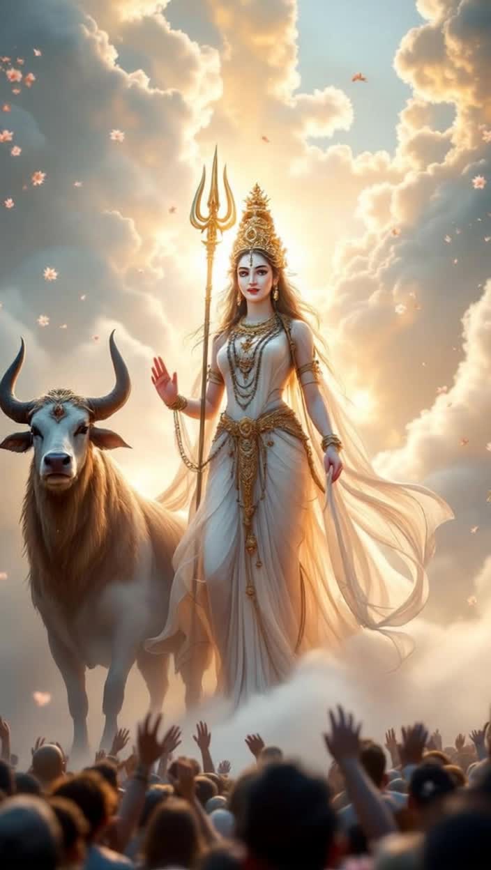 Radiant Goddess Mahagauri graces the scene illuminated in brilliant 8K animation A stunning figure draped in flowing white garments symbolizes purity and tranquility Her four arms exude grace and power One arm wields a gleaming trident while another reassures with an Abhaya Mudra In one hand she grasps a damaru while the other offers blessings in Varada Mudra Majestic bull Vrishabh stands beside her representing strength and righteousness Surrounded by ethereal clouds of white mist delicate blossoms float gently in the air as sunlight breaks through casting soft golden rays Worshippers gather in awe enveloped in a serene atmosphere of devotion and hope