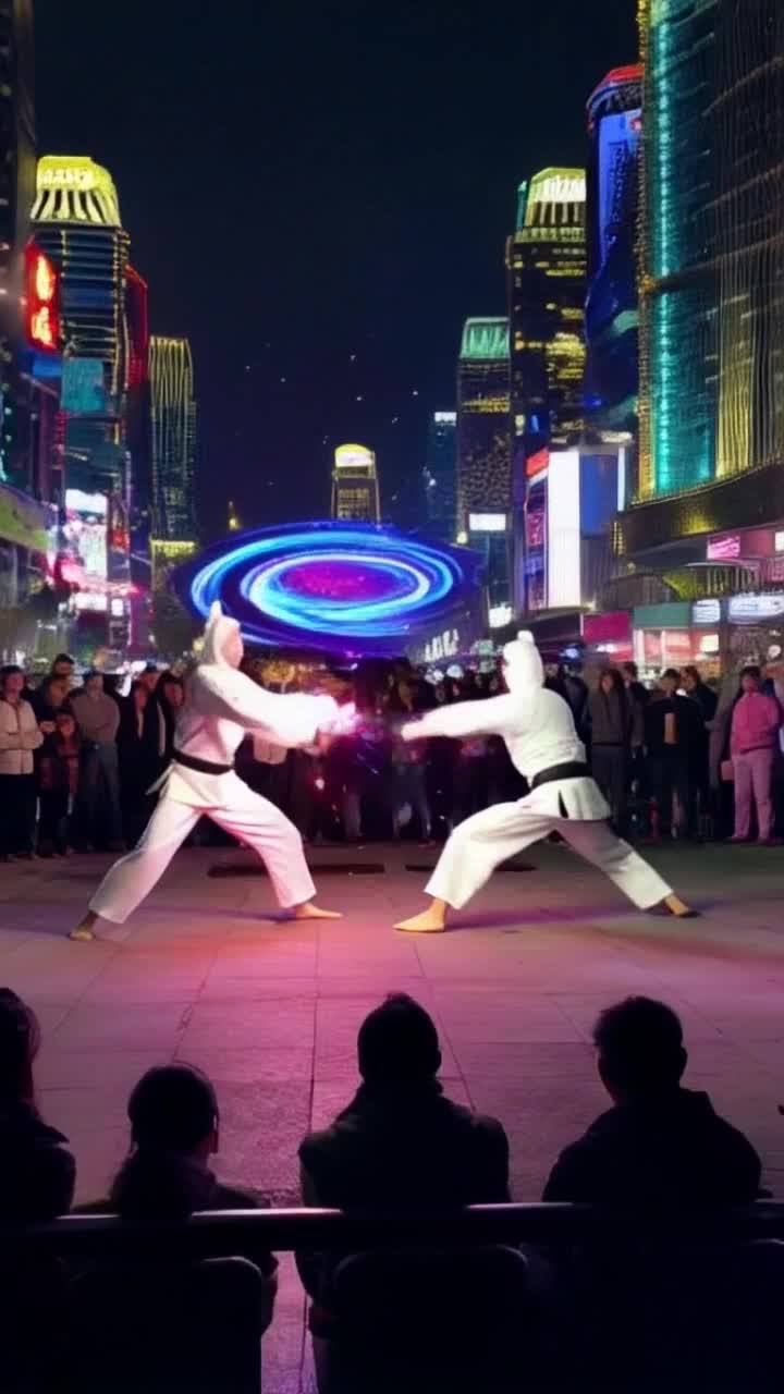 Two dynamic stick figures engaged in an epic battle showcasing intricate martial arts moves infused with vibrant magical bursts flowing from their hands Fluid movements create an enthralling dance of combat while energy swirls energize the scene Surrounding them, an urban landscape with towering skyscrapers and neon lights glows in twilight, casting dramatic shadows as the intensity of their duel escalates A swirling vortex of colors ignites the background, heightening the atmosphere as onlookers watch in awe