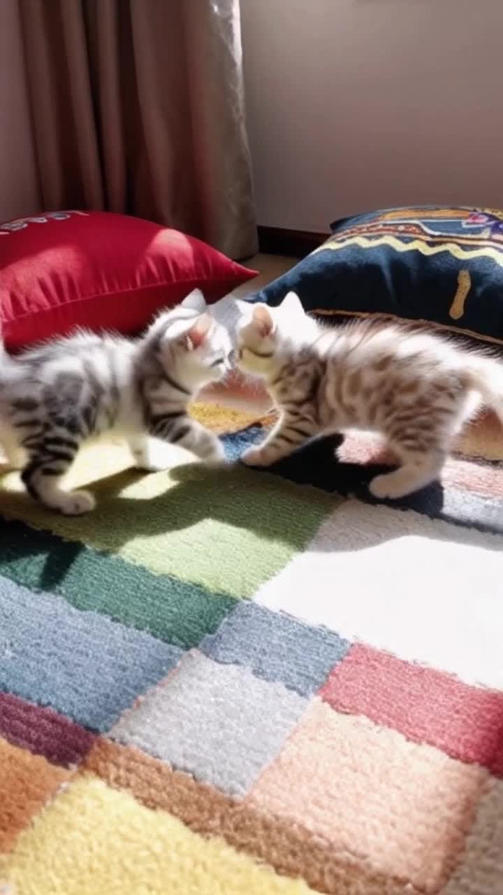 Two curious kittens playfully pouncing A gentle sway of their fluffy tails as they dart around Colorful soft pillows scattered across a cozy living room filled with sunlight