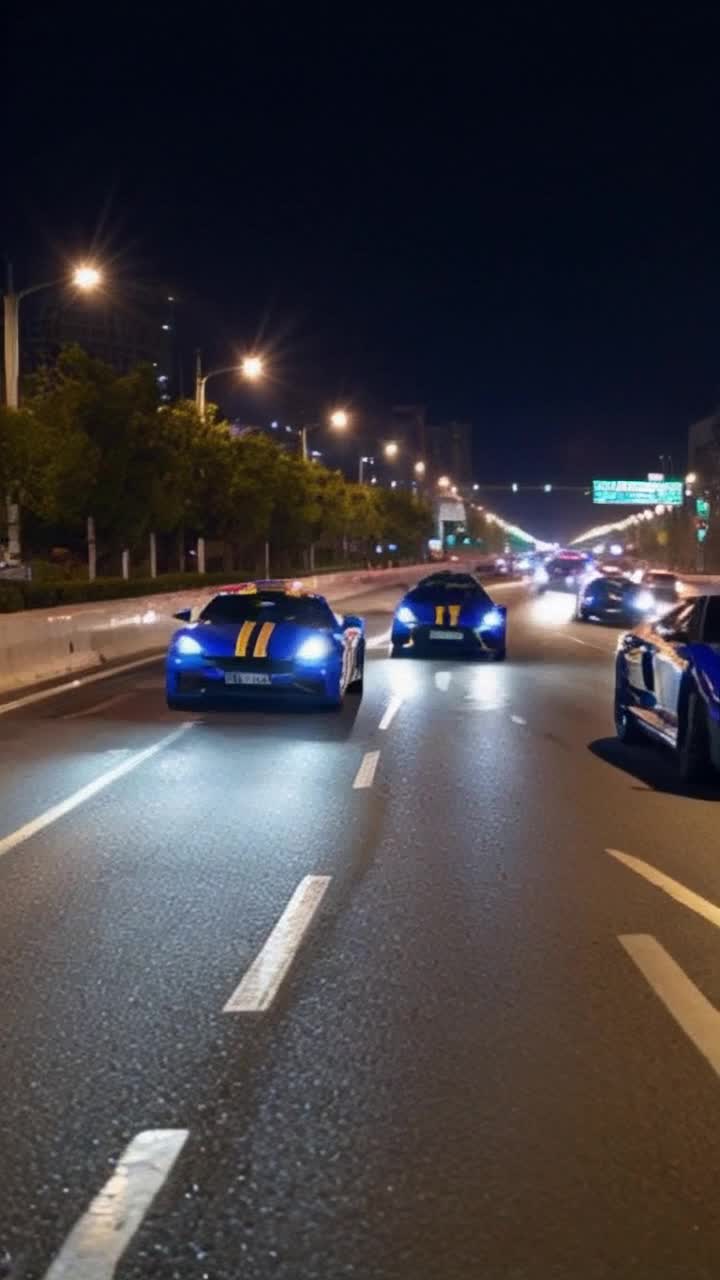 Futuristic police cruisers gliding through city streets at night blaring red and blue siren lights dazzling with intensity sleek midsized SUVs adorned with vibrant blue hoods and striking gold stripes chasing down criminals who carjacked an innocent driver speeding past glowing city lights in a riveting pursuit adrenaline surging as vehicles weave around in the crowded expressway a dreadlocked bearded man commanding the cockpit in tight focus the overcast sky looming above with giant puffy clouds swirling ominously fueling the tension in this highspeed chase scene