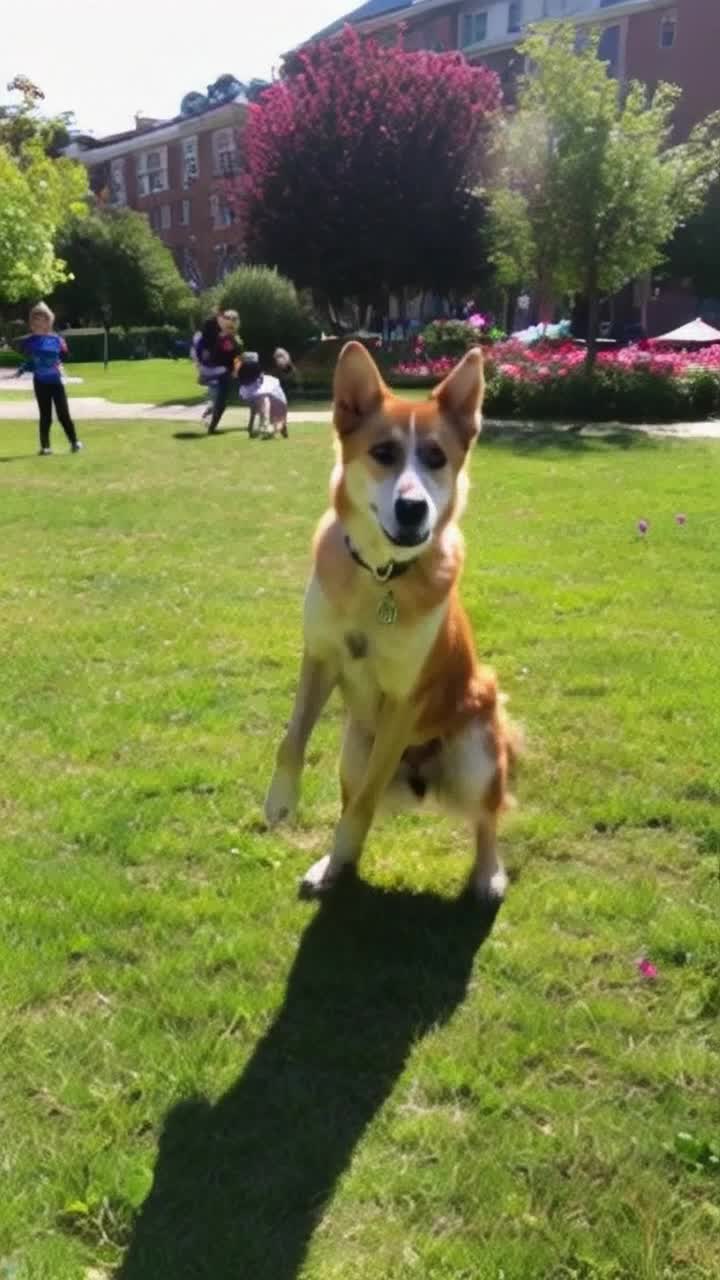 Joyful dog twirling on its hind legs bright eyes full of excitement expressive tail wagging rhythmically  Energetic dance moves leaping spinning with effortless grace showcasing playful spirit  Sunny park setting vibrant green grass blooming flowers nearby children laughing in the background
