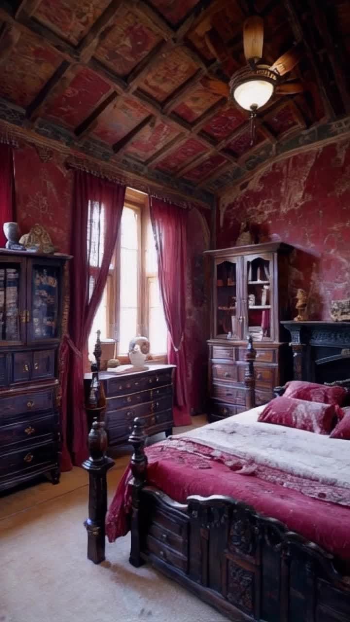  A replendant ancient English bedroom with beautiful wooden panneled walls and dusty crumbling wall hangings of predominantly faded red There is a huge wooden four poster bed with rotting red maroon brocade fabric on the bed and on the bed frame a huge black  marble fireplace mantle with columns, there are ornate wooden carved dressers topped with marble and ornate wooden cabinets and shelves with expensive antique books, there are sculptures and pictures , and such details as large ceramic bowls, chamber pots a huge lovely antique wooden armoire dominates the room The windows are tall with leaden panes and rotted once rich looking maroon velvet draperies swaying