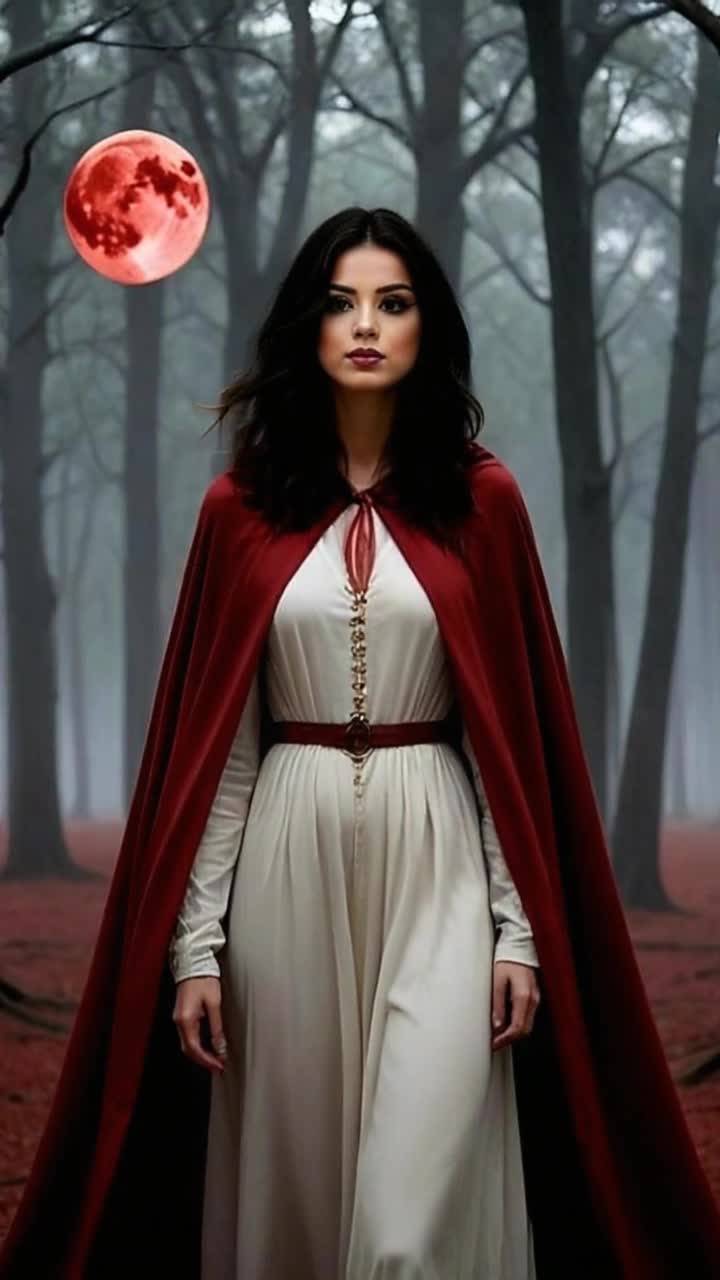 Elegant woman draped in flowing red cape gliding through shadowy misty woods surrounded by ancient gnarled trees luminous red moon casting ethereal glow illuminating her path soft whispers of wind rustle leaves creating an enchanting symphony as she moves gracefully through the dense fog vibrant colors contrasting with the dark surroundings evoking a sense of mystery and magic capturing the haunting beauty of the night sky