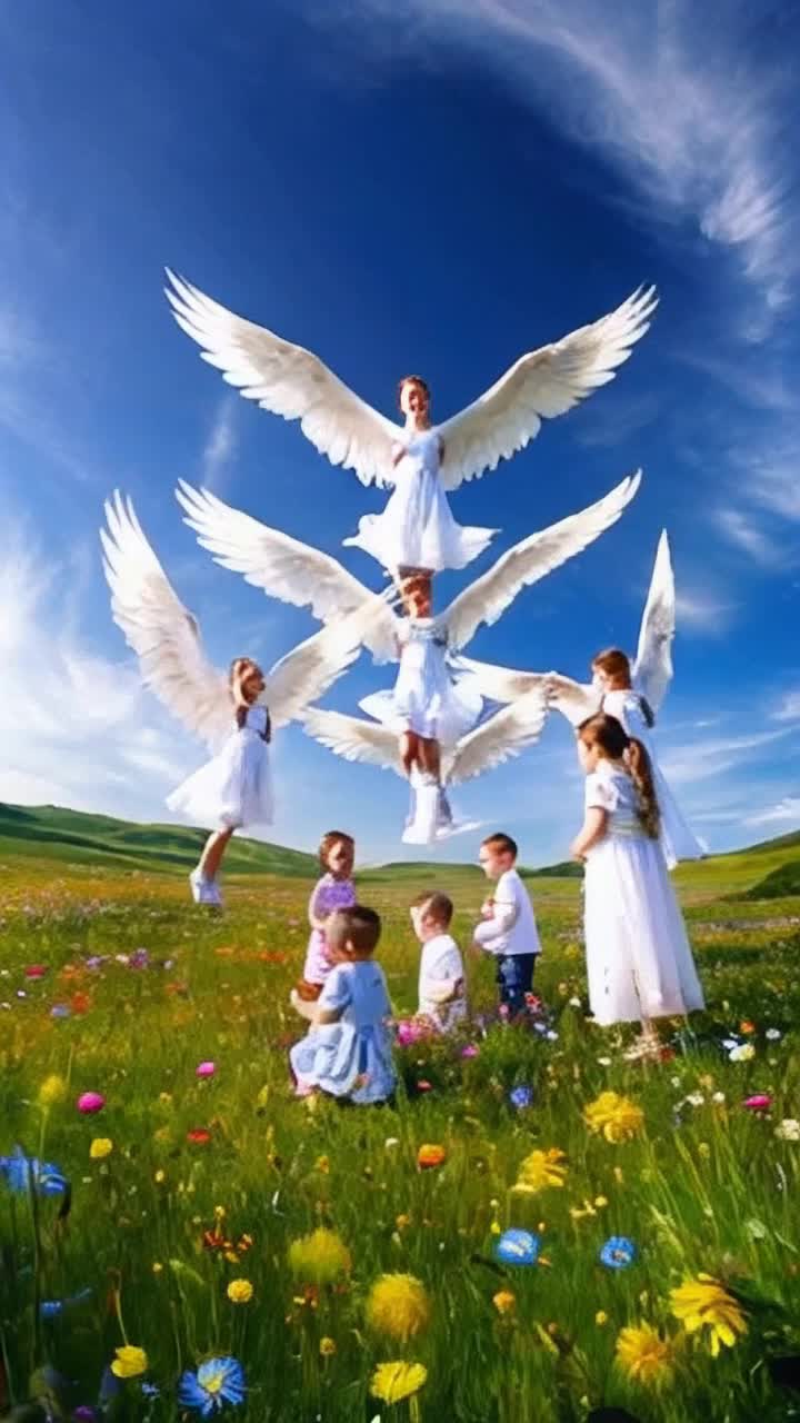 Radiant angels with shimmering wings floating gracefully Above joyous children laughing and playing in a sunlit meadow Surrounded by vibrant wildflowers swaying gently in the breeze Under a sky painted in brilliant blues and wispy clouds Creating a magical atmosphere filled with laughter and innocence