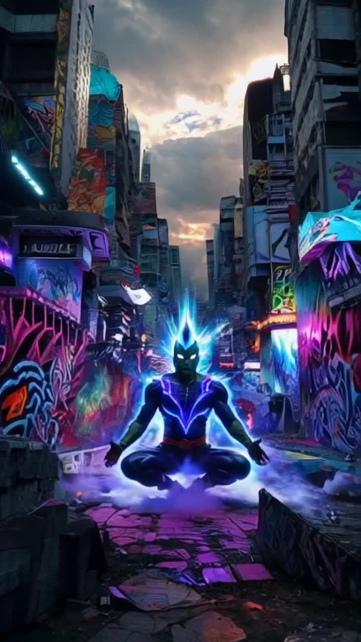 Chosen super Saiyan warrior with spiky hair erupts from deep meditation radiating vibrant atomic blue energy that ignites cityscape pulsating with vivid graffiti massive walls gleaming in kaleidoscopic colors reflecting the essence of the 7th dimension dense urban sprawl alive with surreal architecture swirling clouds above casting impressive shadows flickering neon lights dancing across the scene chaos intertwines with tranquility in this otherworldly realm filled with hidden mysteries waiting to unfold