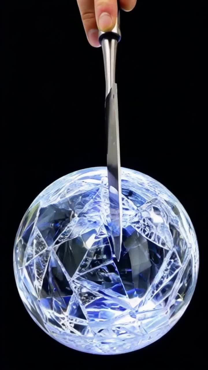 The steel chefs knife quickly cuts through the surface of the delicate crystal magic ball with its super blade  3D graphics, intricate virtual details