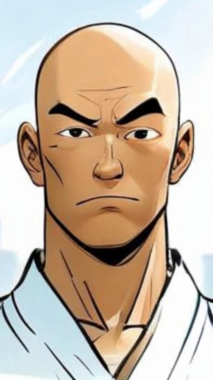 Cartoon comic bald Asian man lips moving speaking sarcastically wearing white karate outfit in the middle of comic city streets