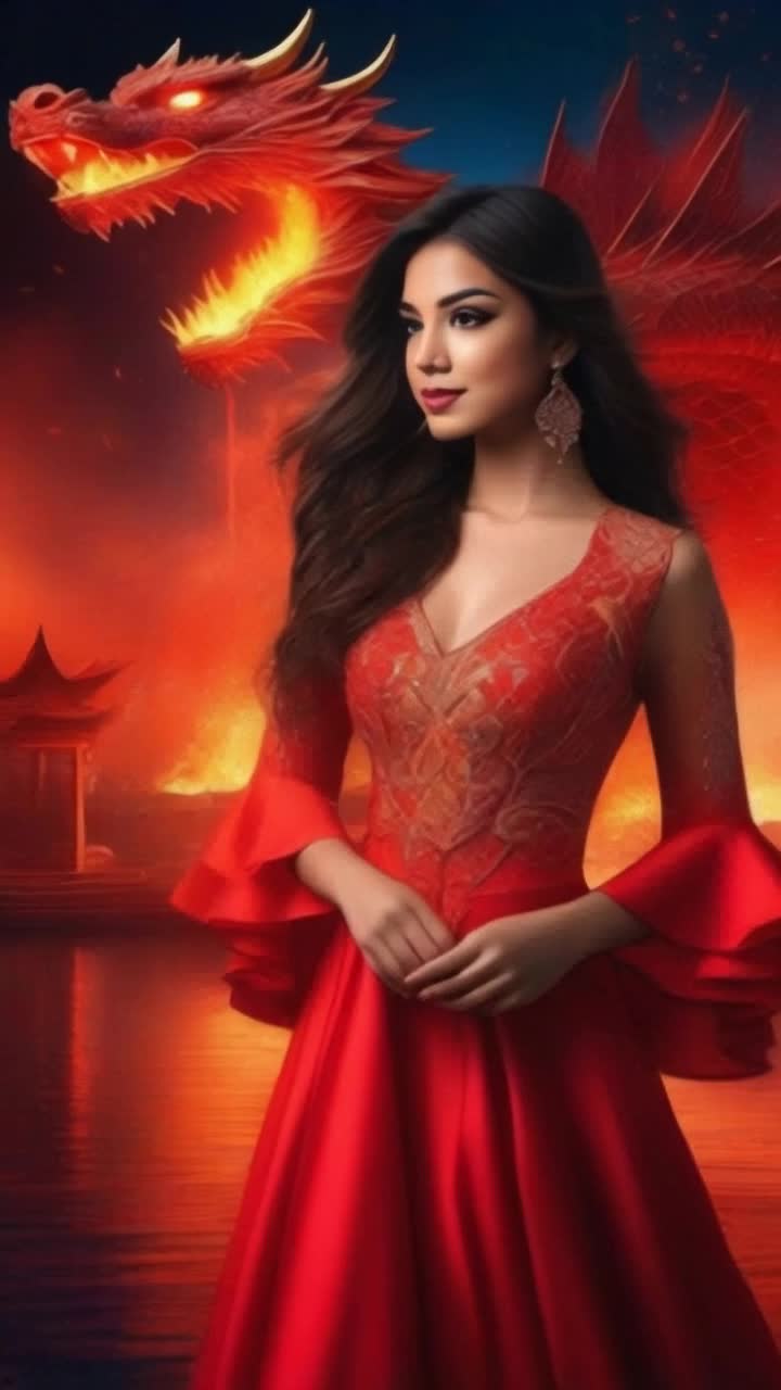 Elegant woman adorned in a flowing crimson gown with intricate lace details radiating confidence Regal dragon soaring overhead exhaling vibrant flames illuminating the surrounding night sky Dark mystical forest enveloped in shadows highlighted by flickering lights from the fiery breath Ethereal glow reflecting off the womans gown creating a mesmerizing contrast against the dragons fierce presence Whispers of ancient magic entwine with the crackling fire as the scene unfolds in a symphony of elegance and power