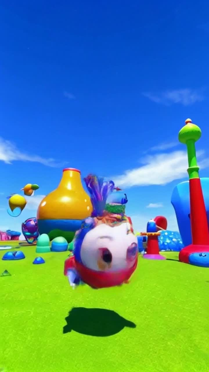 Colorful animated character with unique traits and a playful expression joyfully bouncing across a vibrant landscape filled with oversized objects and whimsical structures sparkling under a bright blue sky