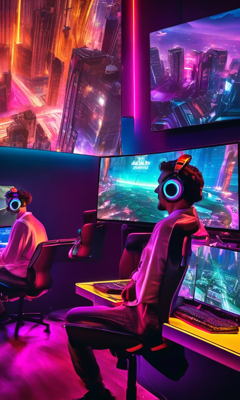 Four intense gamers immersed in action vibrant headsets glowing in neon hues perched on luxurious gold chairs gripping controllers tightly One by one they leap into a colossal video screen as digital energy pulses around them vibrant pixels swirling with dynamic colors Levelup music thumping rhythmically in the air bright futuristic cityscape illuminated by giant billboards and holograms stretching infinitely upward atmosphere charged with excitement and adrenaline as each player disappears into the digital realm ready to conquer the next challenge