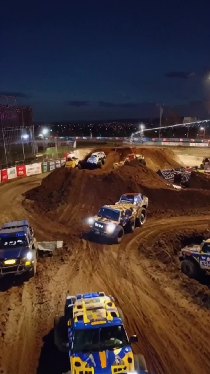 MONSTER TRUCKS a drone view of moster trucks rumble jumping , swirling, driving on a monster trucks race battlefield, they are vibrant coloured, decorated with LEDs, they are jumping over muddy roads and road barriers
