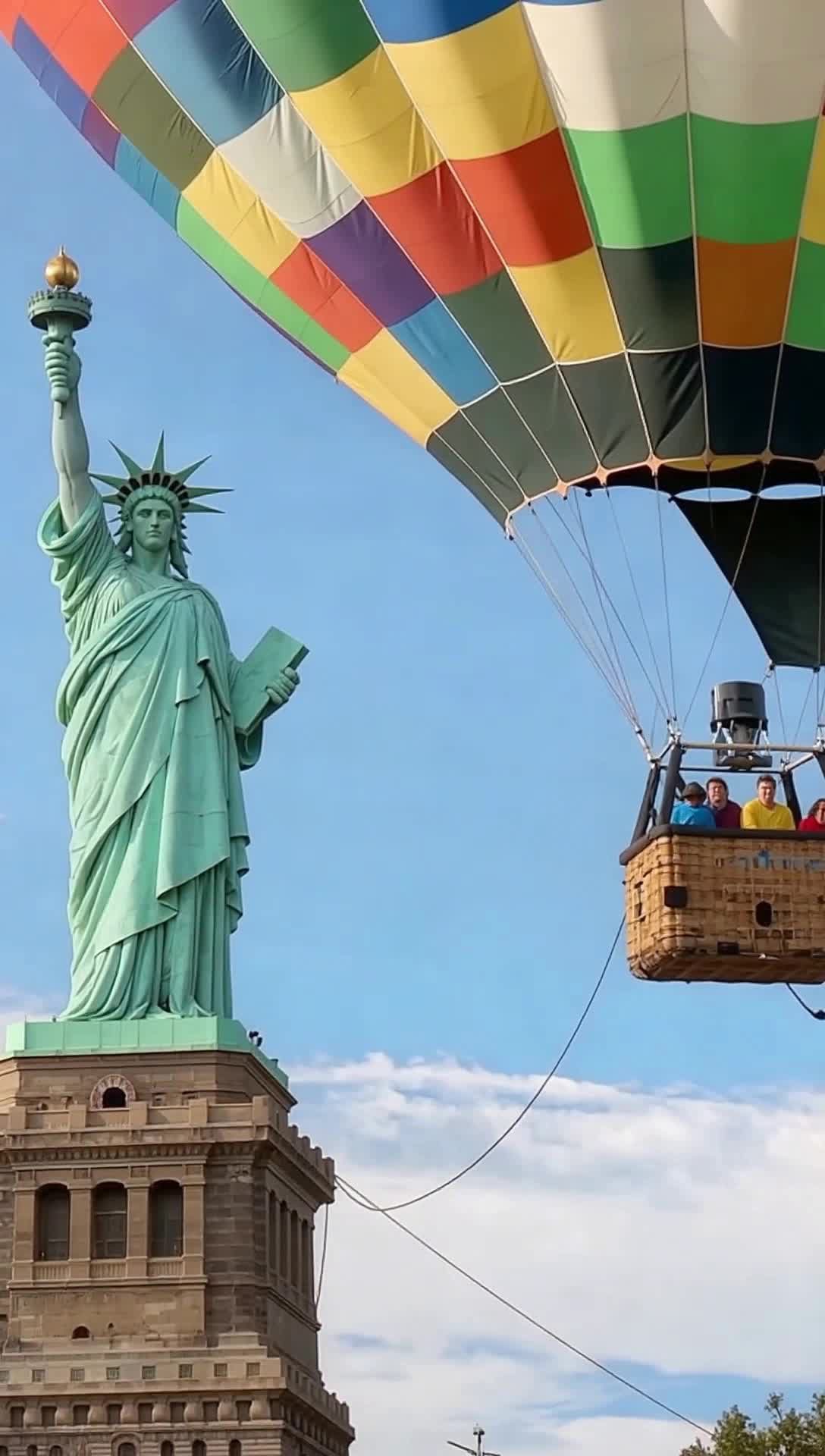 County fairgrounds balloon rides past statue of Liberty, bright blue sky, vibrant colors, people in the basket under the balloon point excitedly at the statue
