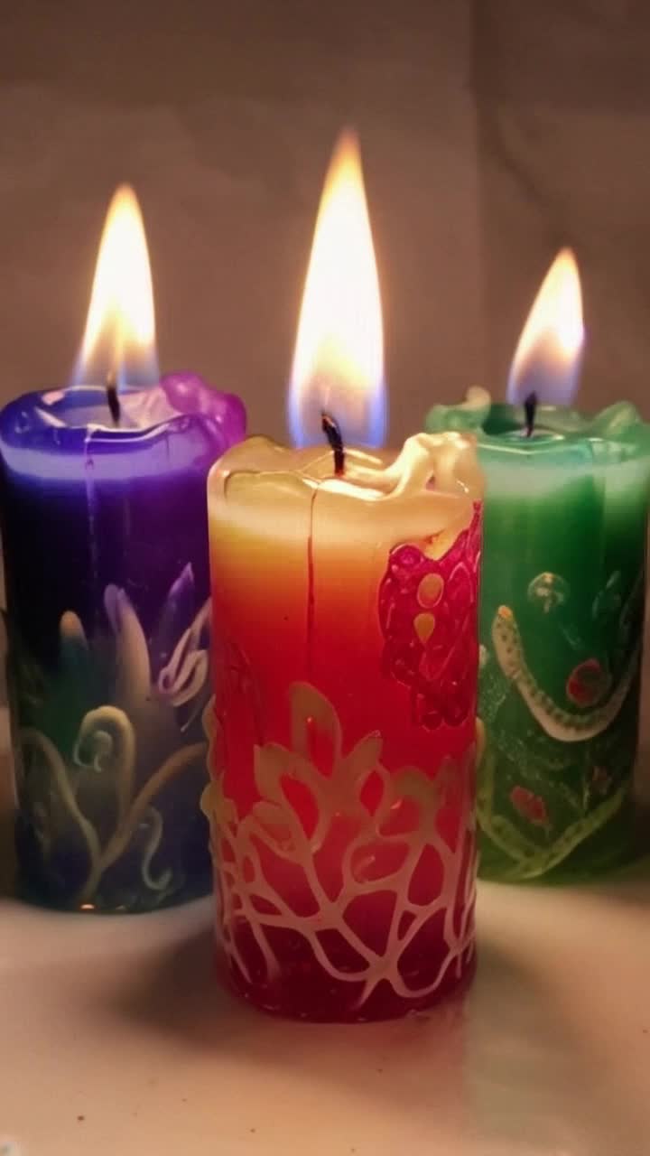 Candles are melting Colorful candles shimmering with bright colors and intricate patterns, whimsical shapes evolving as they melt Candles burn and melt Semitransparent wax cascades in slow motion, a candle dies and disappears, playful flame reflections dancing with mischief Surreal puddle of wax filled with fairy tale elements, shimmering reflections, whimsical shadows create a fantastic atmosphere The light disappears