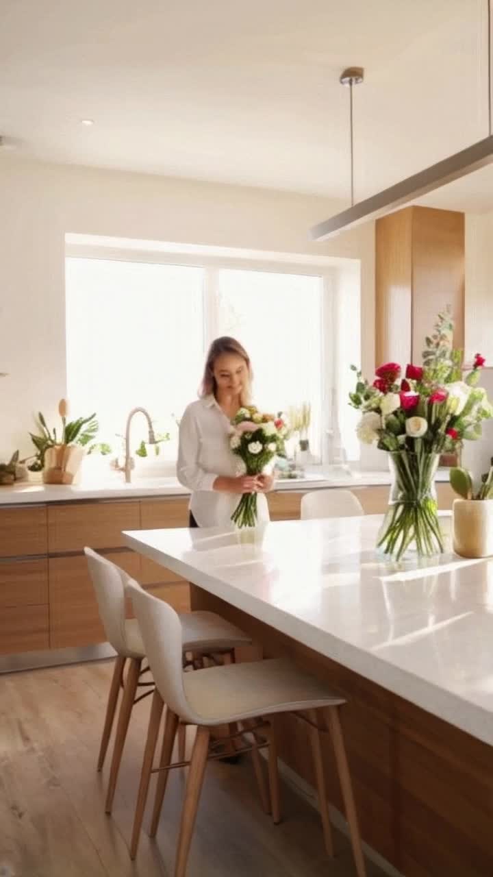 Sunlit modern kitchen adorned with vibrant blooms on a sleek island occupied by a woman gracefully arranging flowers Radiant light streaming through large windows illuminating warm neutral tones Soft instrumental music tinkles in the background as light breezes rustle through the open space Inviting atmosphere brimming with tranquility and joy creating a harmonious, uplifting scene