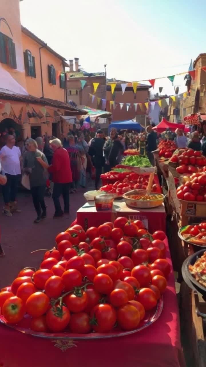 Vibrant tomato festival in sunlit Spanish village bustling with cheerful crowds celebrating with colorful stalls laden with fresh, juicy tomatoes alongside mouthwatering pizza sizzling in woodfired ovens creamy macaroni pasta salad twirling spaghetti noodles topped with basil bright red strawberries glistening in sunlight mixing aromatic ginger garlic paste creating lively festivities Background filled with lively music traditional dance colorful decorations hanging from buildings vibrant market atmosphere showcasing the essence of Spanish culinary delights and joyful camaraderie overflowing with rich flavors and warm laughter