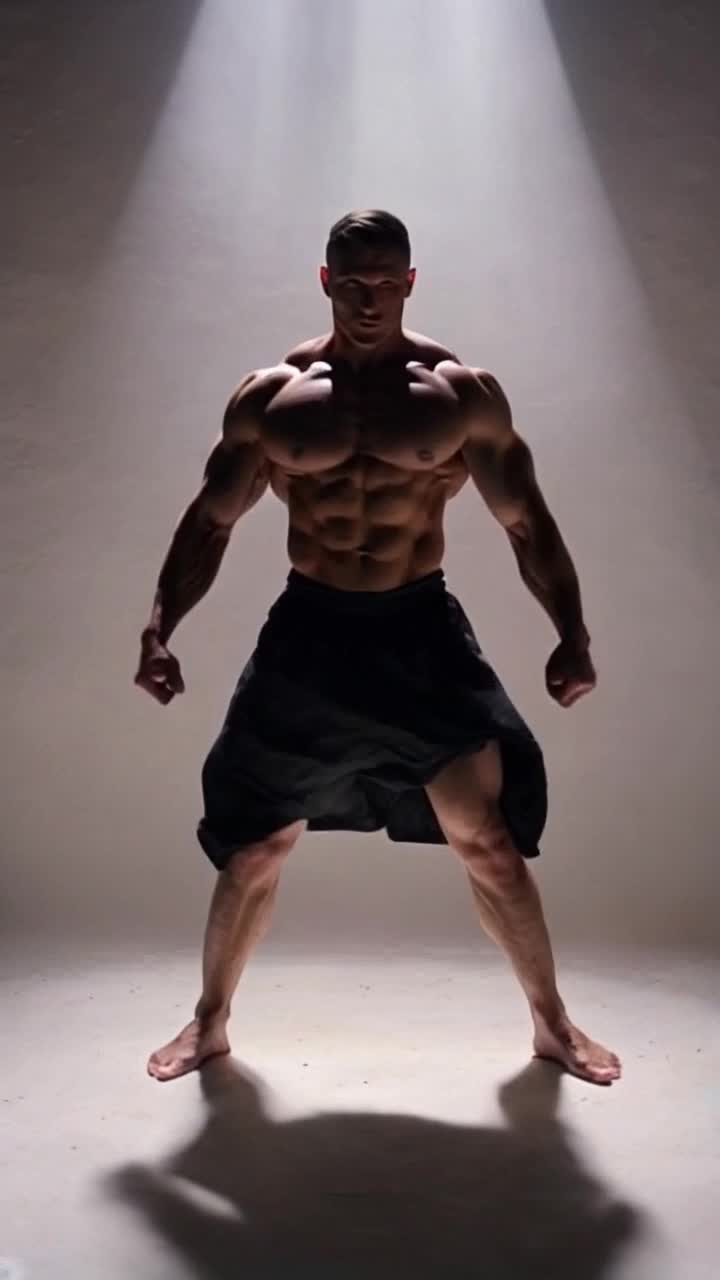 Muscular figure striking a dynamic pose radiating strength and confidence Twirling gracefully exuding triumph and vitality with each electrifying move Soft diffused lighting creating an ethereal atmosphere accentuating heroic essence shadows dancing around highlighting powerful physique