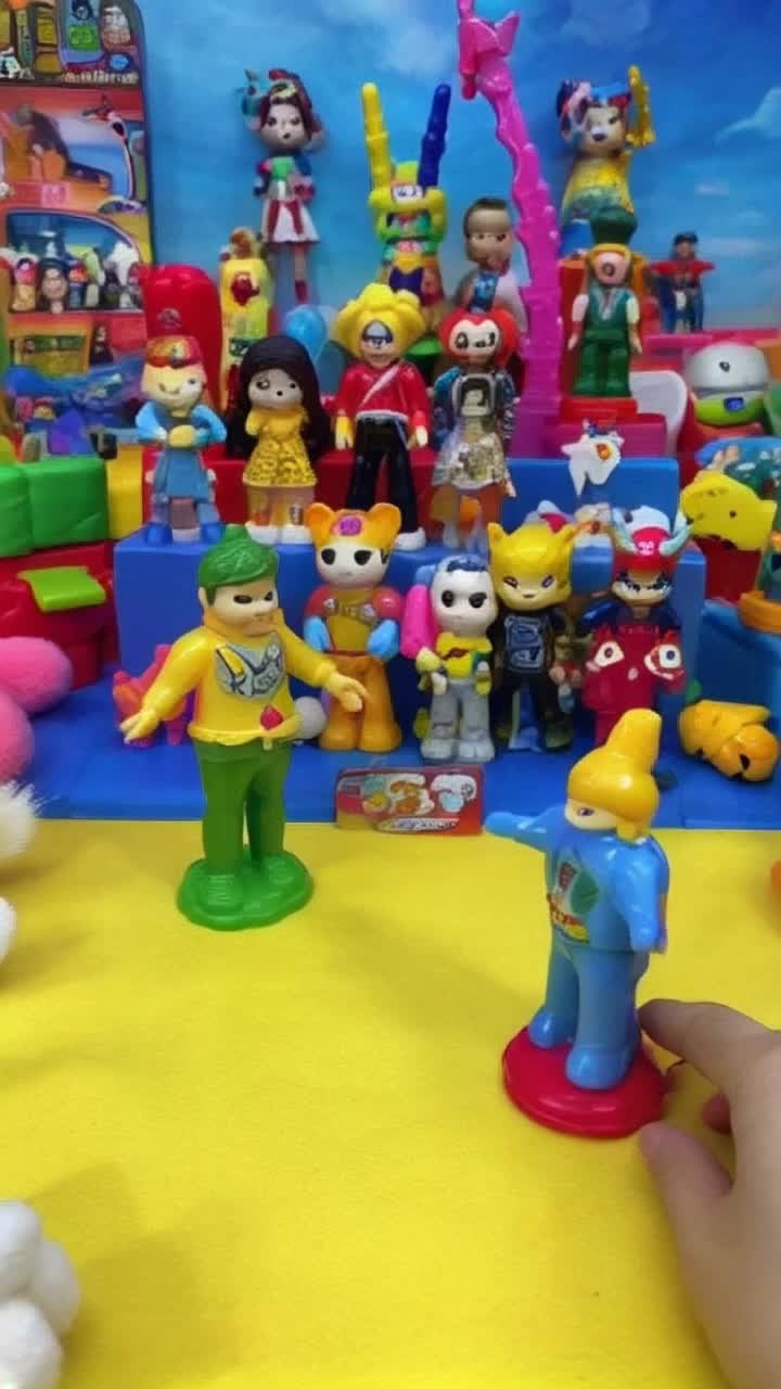 Retro vintage plastic toys and figurines playthings dance dancing in a colorful playroom 