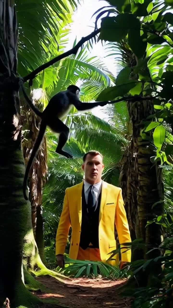 Fierce monkey swinging through vibrant jungle trees showing determination and agility Leaping toward a bewildered Donald Trump caught off guard in a bright suit surrounded by tropical foliage Sunlight filtering through lush green leaves casting dramatic shadows creating an intense atmosphere
