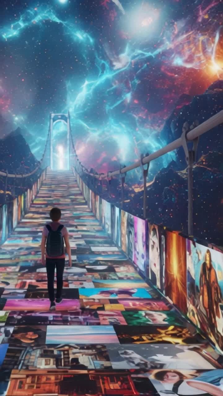 Swirling orange hues ahead Yellow light streaks on the angled, scifi bridge Closer, metallic frame dominates Traveling across the bridge