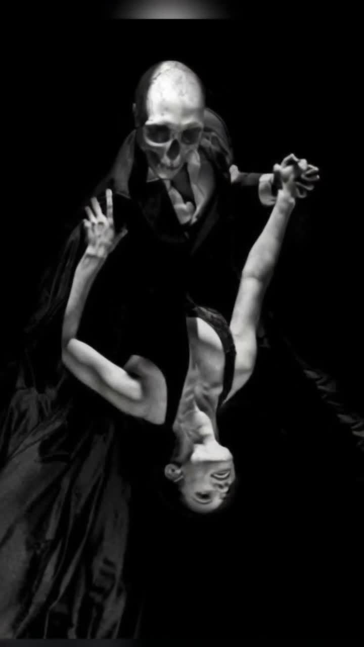 A beautiful red head woman, dressed in a elegant tight black dress that moves and fliws beautifully, dances with death, a skeleton dressed in a slick black suit, they tango together and he dips her back passionately as she leans, a black and white checkered tile ballroom floor beneath them, the background is a gorgeous night sky with galaxies and stars lighting up the sky, 