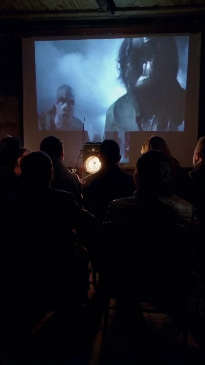 Enthralled characters huddled closely around an archaic dusty projector curious glances shimmering in flickering light Shadows pulsate embracing their faces Fragmentary images of enigmatic masked figures cryptic symbols splayed on screen Gasps resonate as an unseen force beckons them to solve the riddle Hearts race in sync with an eerie soundtrack Outside a sudden thunderous roar disrupts tranquility sending characters into a chaotic frenzy They spring to their feet eyes wide filled with fear and resolve ready to confront whatever ominous entity lurks beyond the door Dimly lit chamber swirling shadows heavy whispers of suspense linger in the charged atmosphere