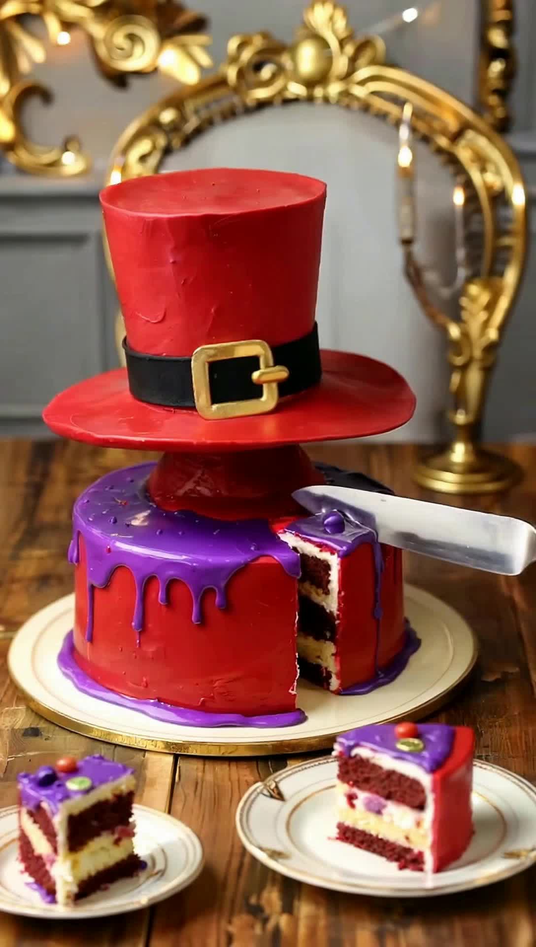 A top hat made of velvet red cake and black band with a golden buckle and purple icing on an expensive table in a room in a mansiona cake knife on the side of the plate on the right side with a piece of the cake cut out on a different smaller plate