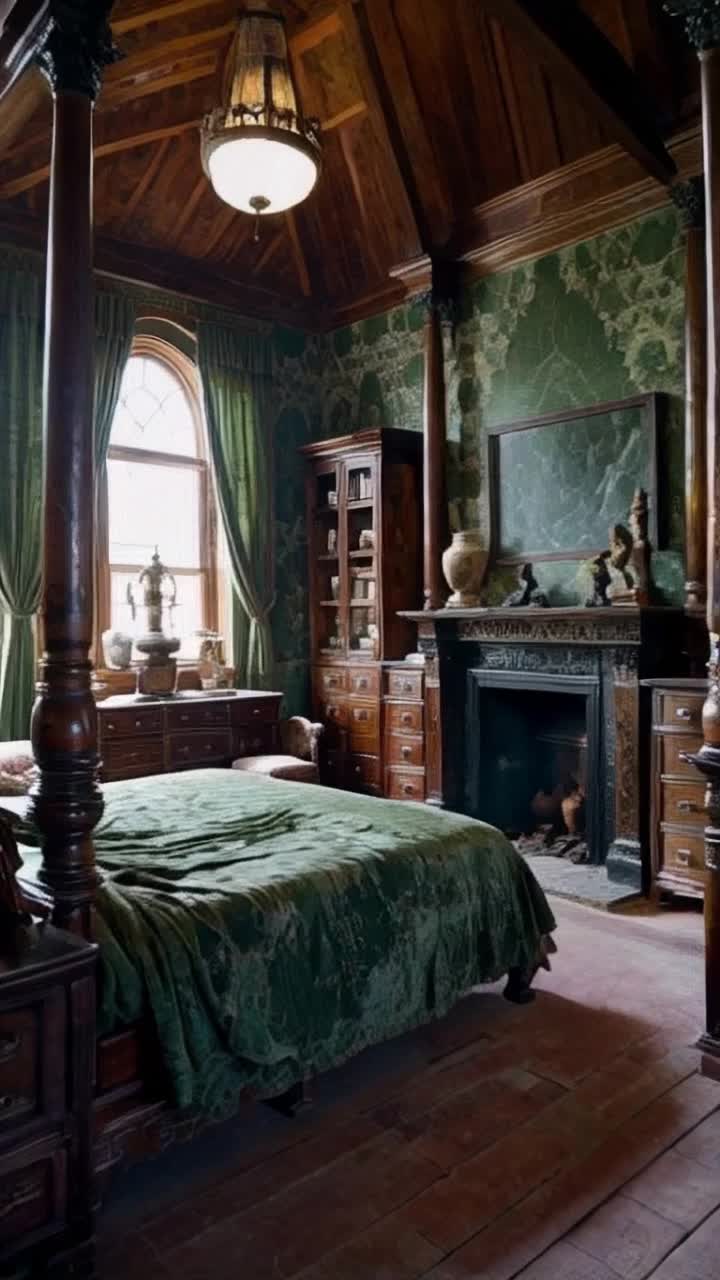  A replendant ancient English bedroom with beautiful wooden panneled walls and dusty crumbling wall hangings of predominantly faded hunter green There is a huge wooden four poster bed with rotting green brocade fabric on the bed and on the bed frame a huge black  marble fireplace mantle with columns, there are ornate wooden carved dressers topped with marble and ornate wooden cabinets and shelves with expensive antique books, there are sculptures and pictures , and such details as large ceramic bowls, chamber pots ,a huge lovely antique wooden armoire dominates the room The windows are tall with leaden panes and rotted once rich looking green velvet draperies swaying