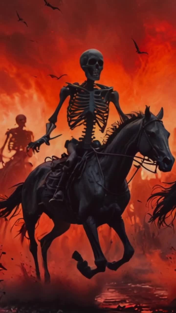 Skeleton in poised majestically atop a galloping black stallion Whirlwind of dust rising as hooves pound rhythmically on ancient cobblestone path Moonlight casting eerie shadows illuminating skeletal grin with gleaming eyes Distorted trees sway wildly against turbulent wind Dark clouds swirling ominously overhead as night deepens Into the wild unknown adventures await beckoning mysterious spirits lurking in shadows