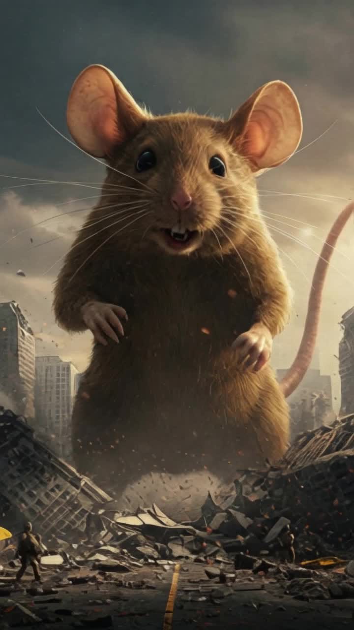 The image depicts a colossal mouse, its fur a mottled gray and brown, looming over a city reduced to rubble Buildings, once proud and towering, are now splintered and collapsed beneath its massive paws Dust and debris fill the air, creating a hazy, apocalyptic scene The mouses eyes gleam with a wild, almost playful, intensity, while its whiskers twitch, sensing the chaos it has wrought it throws a car at the camera as it roars in triumph 