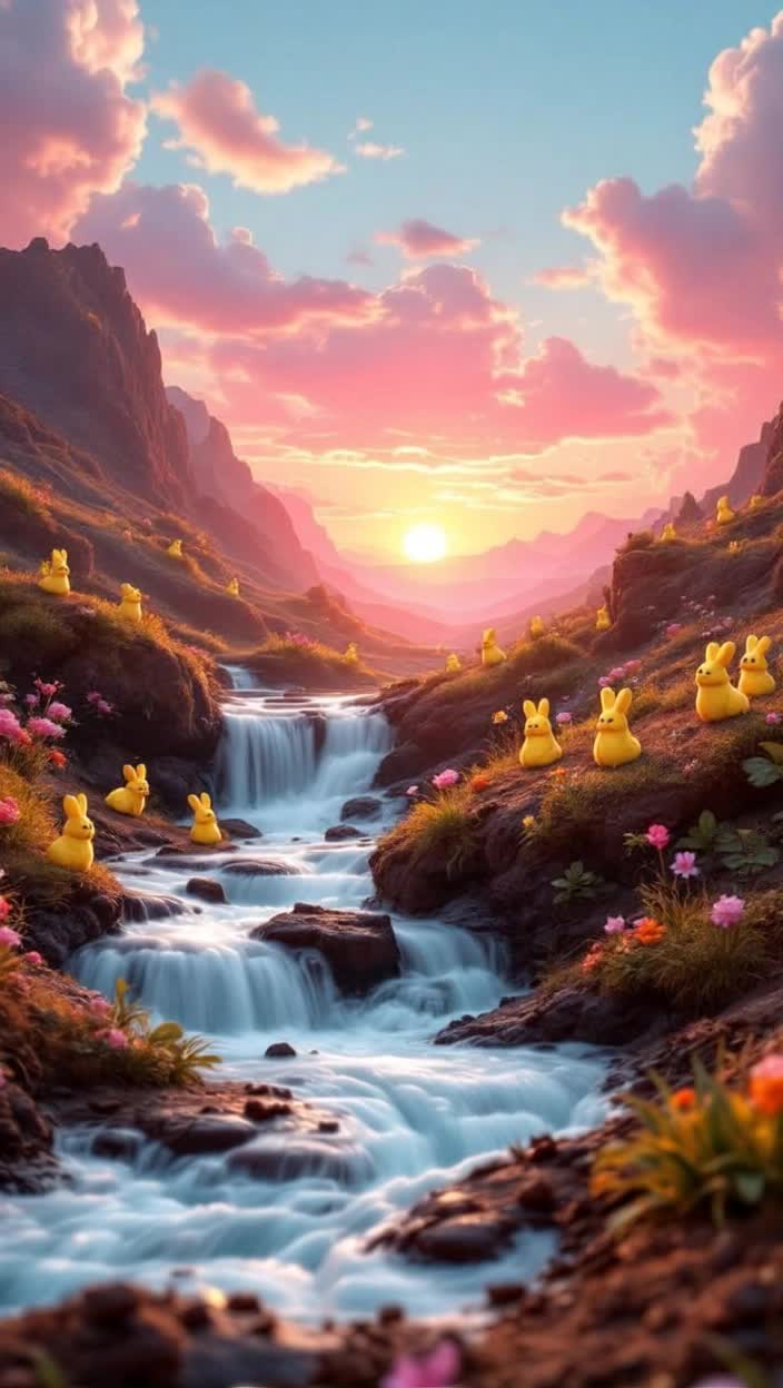 A chocolate river flows over a caramel chocolate ridge of canyon as a chocolate waterfall near a hot French vanilla coffee spring , both blending into a rich dark mocha ground, a pink cherry lemondrop sunrise wakes sleepy yellow marshmallow peeps bunnies to hop to their candy flower cupcakes breakfasts