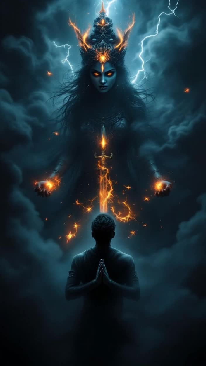 Devotee shrouded in shadows, eyes filled with despair, surrounded by swirling dark smoke, slowly folding hands in prayer Intense plea for protection echoes in silence Darkness thickens, tension rises Lightning bursts through gloom, illuminating fierce form of Mother Kaalratri with deep black complexion and fiery eyes She emerges with fierce grace, powerful aura radiating, trident and sword ablaze, earth trembling beneath each step Negative forces shatter with each strike, smoke disperses, dynamic lighting and action swirl around her Devotee awakens to newfound clarity, light enveloping him as Kaalratri blesses, a divine embrace of strength and affection1 views  Sep 24, 2025KKripashankar MishraDevotee shrouded in shadows, eyes filled with despair, surrounded by swirling dark smoke, slowly folding hands in prayer Intense plea for protection echoes in silence Darkness thickens, tension rises Lightning bursts through gloom, illuminating fierce form of Mother Kaalratri with deep black complexion and fiery eyes She emerges with fierce grace, powerful aura radiating, trident and sword ablaze, earth trembling beneath each step Negative forces shatter with each strike, smoke disperses, dynamic lighting and action swirl around her Devotee awakens to newfound clarity, light enveloping him as Kaalratri blesses, a divine embrace of strength and affectionFPS8Resolution916Model stylePhotorealismModel generatorKlingTypeText to clipCreate500K