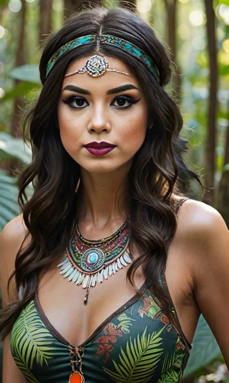 Graceful bohemian woman adorned in flowing fabrics with intricate patterns radiant jewelry shining in sunlight Exploring vibrant lush jungle teeming with exotic plants towering trees dappled sunlight filtering through thick foliage colorful flowers blooming contrasting earthy tones of the forest Air filled with soft rustling leaves and distant birdsong creating a serene atmosphere