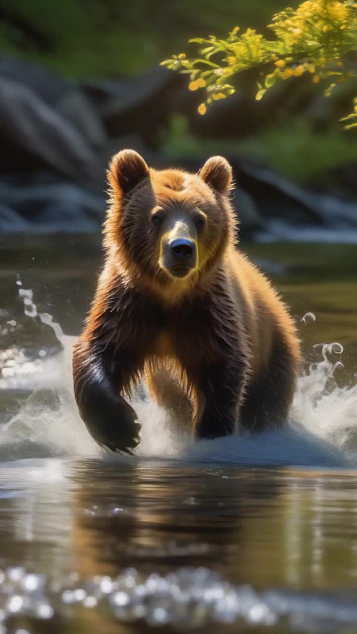 Playful Kodiak bear cubs tumble joyfully splashing in shimmering stream as fish leap above surface Bouncing and darting through water creating ripples of excitement Massive Kodiak bear lounges contentedly on sunlit riverbank basking in warm rays Surrounded by vibrant wildflowers dancing gently in soft breeze Hints of golden sunlight filtering through lush green trees illuminating tranquil scene Nature alive with sounds of splashing water and rustling leaves as bears frolic and relax amidst stunning wilderness bursting with life and color