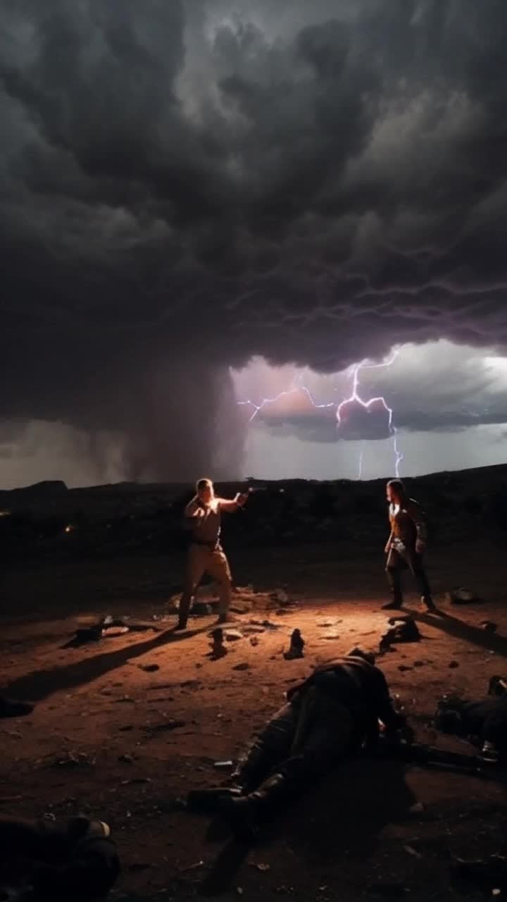 Two warriors sprawled on ground with expressions of defeat one man stands tall throwing his head back in triumphant laughter celebrating his victory electric energy radiates from him swirling around like a vibrant storm darkened battlefield illuminated by flashes of lightning shadowy silhouettes of fallen foes scattered across the terrain echoes of battle still lingering in the air thick tension replaced by exhilaration as he revels in his power surrounded by remnants of chaos amidst a sky heavy with storm clouds