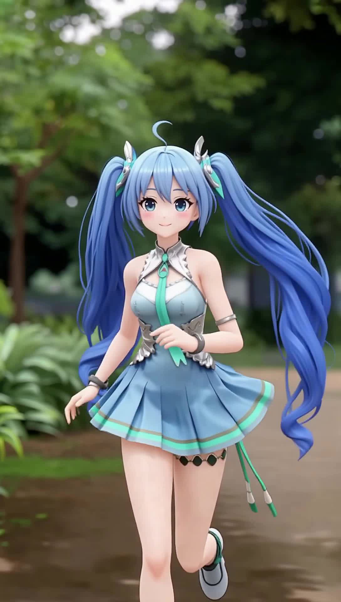 Slender and beautiful Hatsune Miku with long turquoise twin ponytails wearing a turquoise minidress, she cheerfully runs from a distance and directly toward the camera as if running to the viewer