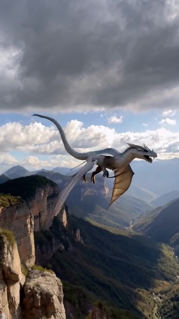 Majestic white dragon soaring through azure skies with shimmering scales reflecting sunlight Extended wings gliding gracefully creating ripples in the air Showcasing elegance and power as it twists and turns in dynamic flight Overlook sunlit mountain peaks with dramatic clouds framing the scene Vibrant valleys below accentuate the dragons imposing figure Wings casting shadows on rocky terrain highlighting beauty and grandeur of creatures presence