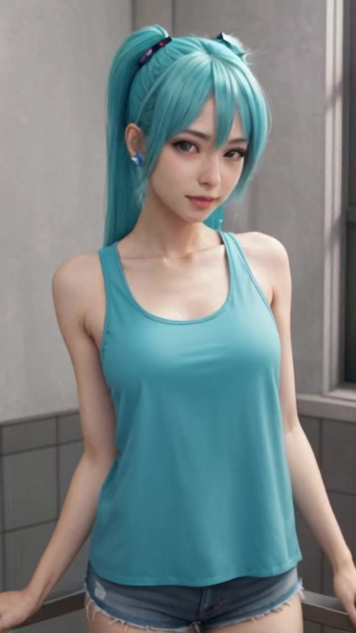 Hatsune Miku performs a cheerful pop idol dance for the viewer as she smiles