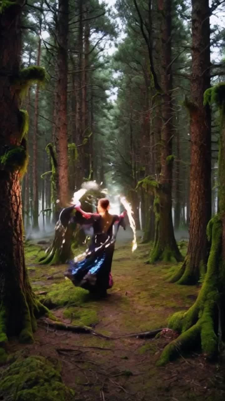 Dancer enveloped in shimmering robes effortlessly twirling through shadowy forest clearing sparkling threads of light burst forth countering swirling dark spells vibrant energy clashing in a kaleidoscope of colors ancient trees loom tall draped in luminous vines ethereal mist hovering above moss-covered ground enchanting whispers carried on gentle breeze magic intertwining with nature's pulse enchanting atmosphere thick with suspense and wonder