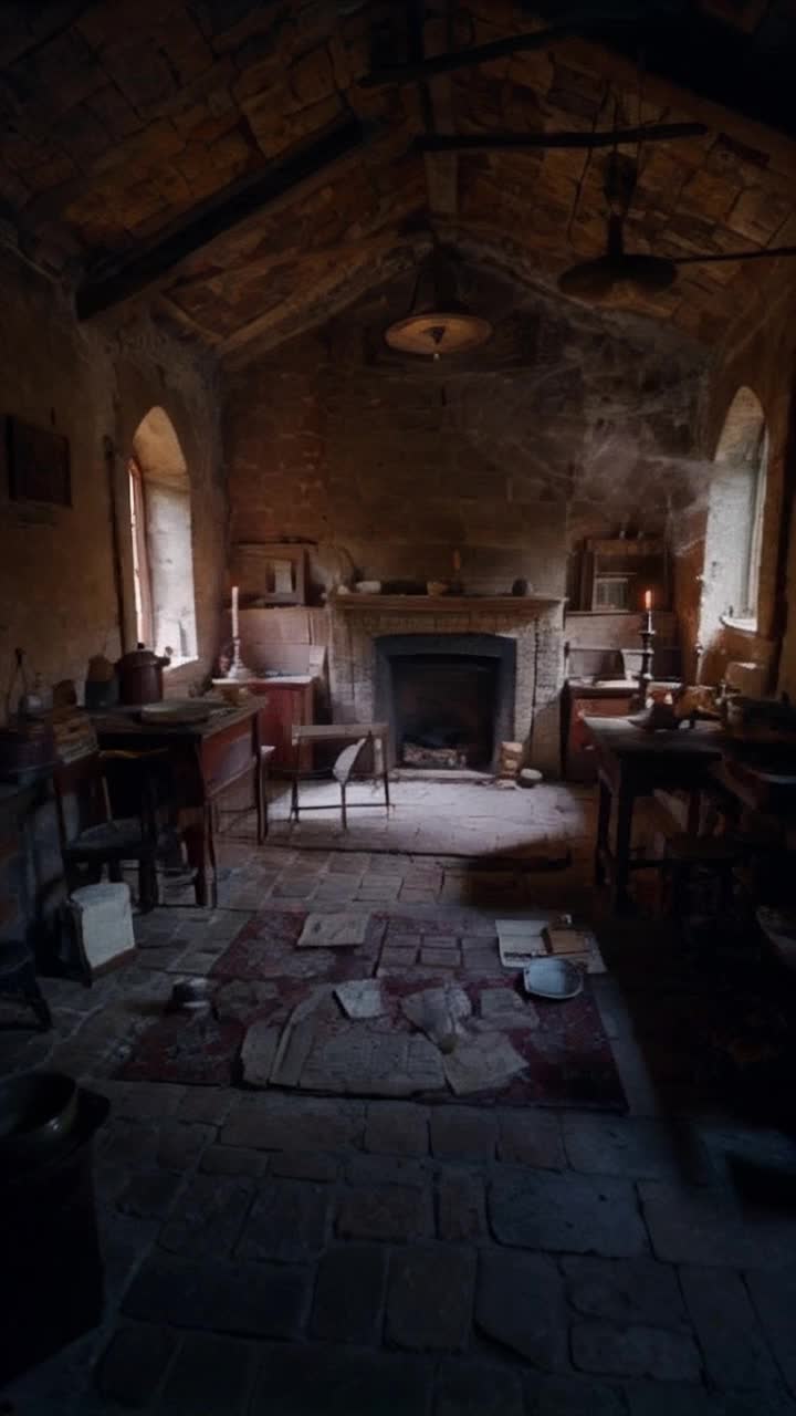 A full ancient English kitchen that is three hundred years old The floors are of old cobbled  grey stone  there is a huge hearth of similar grey stone There are tea pots teacups  pans and stonewear jugs and cotainers seemingly moving around by themselves  There is mist that suggests ghosts The place is covered in cobwebs and dust there is an eeerie feeling 