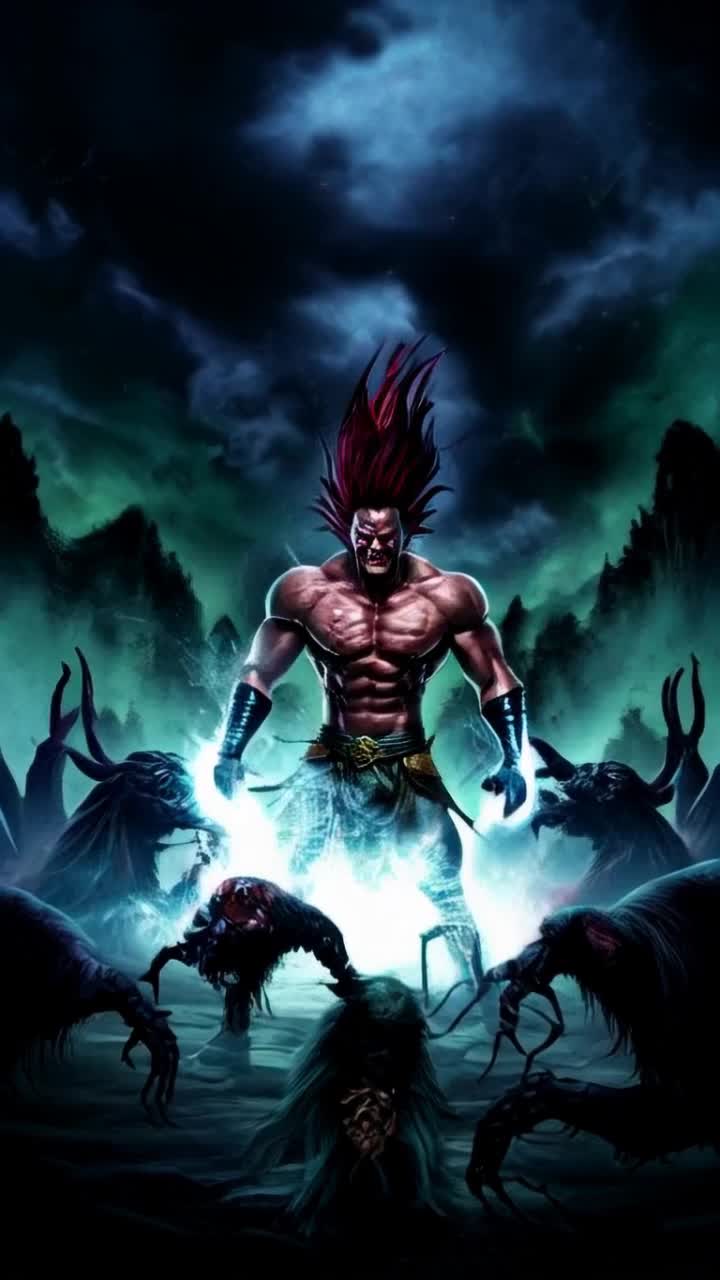 Warrior of light with spiky crimson hair pulsating atomic blue energy unleashes powerful muscles in a fierce stance vanquishing snarling hideous witches with dark magic cackling in shadows surrounding him painted in ominous hues of black and green eerie mist swirling around their gnarled hands while radiant bursts of energy shatter their wicked spells illuminating the chaotic scene hero striking a triumphant pose flexing muscles bursting with strength against a backdrop of stormy skies crackling with electric energy bright flashes illuminating his determined face as he stands victorious amidst the remnants of dark sorcery