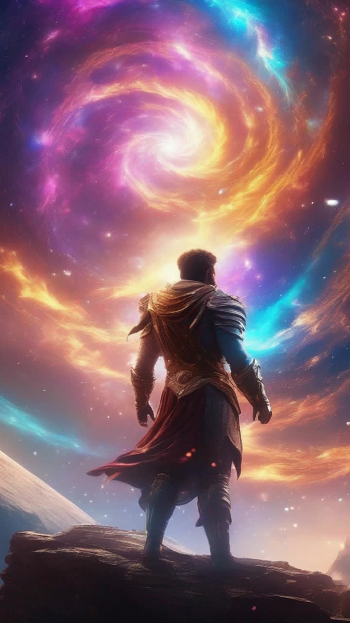 Radiant warrior encased in brilliant ethereal light pulsing with energy Radiating fierce determination he unleashes a torrent of vibrant energy spiraling through the air Boundless cosmos adorned with swirling nebulae and shimmering stars casting a breathtaking spectacle