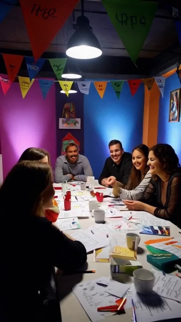 A diverse group of enthusiastic individuals animatedly gathered around a circular table filled with colorful materials each representing unique categories. Lively discussions spark creativity as they exchange ideas and concepts. Brightly painted walls adorned with inspiring artwork energize the atmosphere enhancing collaboration. Mood lighting shifts in rhythm with their excitement illuminating their faces as they engage in passionate dialogue. Colorful banners flutter above creating a festive environment that encapsulates the spirit of transformation. Notes and sketches scatter across the tabletop reflecting the dynamic adventure of learning unfolding in real time