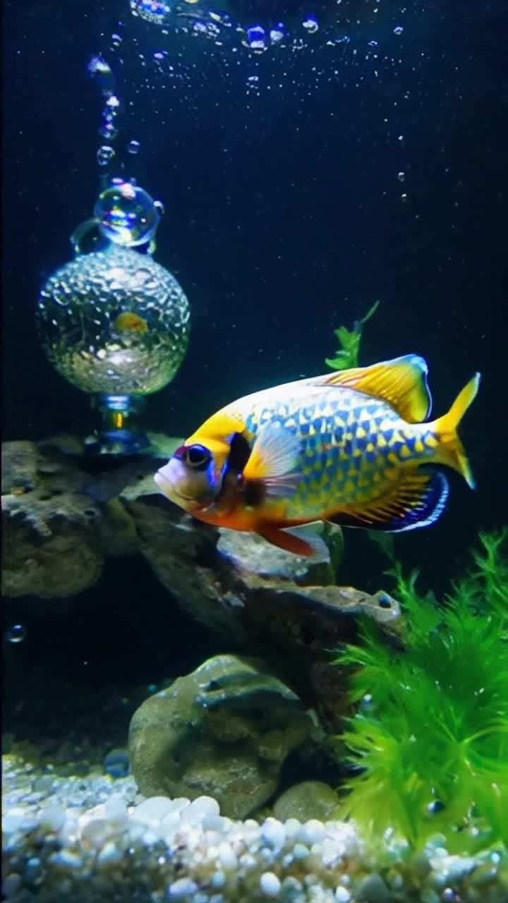 Colorful fish gracefully swim through a vibrant underwater world of shimmering scales and flowing fins Numerous tropical species dart playfully weaving through lush green plants and shimmering pebbles Tiny bubbles rise gently from a decorative ornament Soft light filters through crystalclear water illuminating the aquatic scene with an ethereal glow