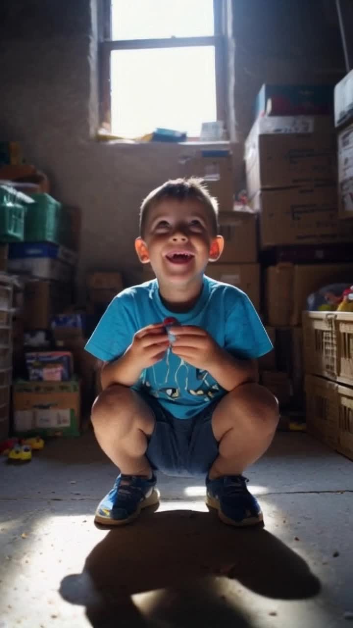 Curious little boy Bunty wearing a vibrant blue tshirt crouching among colorful toys scattered across a shadowy storeroom filled with forgotten treasures and dusty crates Giggling joyfully as he uncovers a hidden marbles game tucked behind an old teetertotter, excitement lighting up his face Sunlight streaming through a small window illuminating dust particles dancing in the air creating a whimsical atmosphere of childhood wonder and imagination